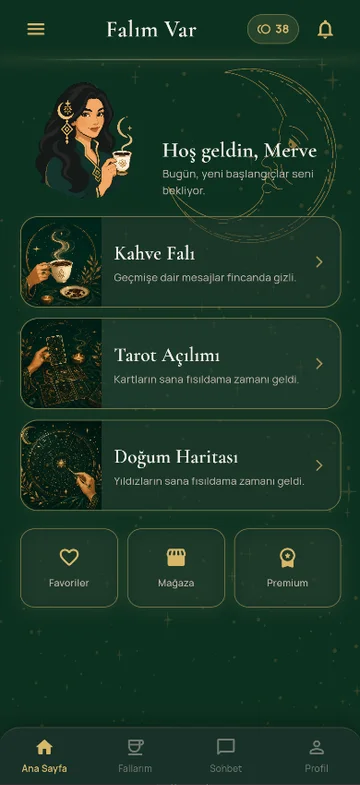 Falım Var ana ekranı: Kahve Falı, Tarot Açılımı ve Doğum Haritası