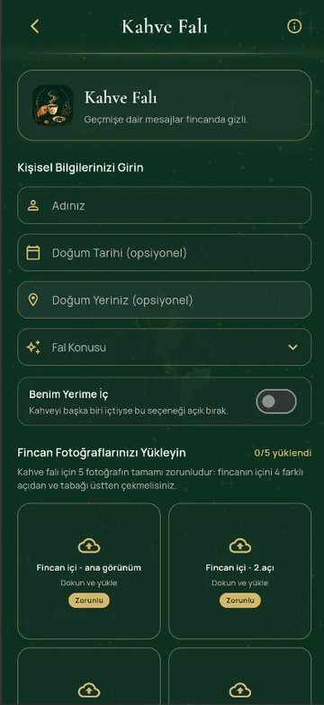 Falım Var kahve falı: konu seçimi ve fincan fotoğrafı yükleme ekranı
