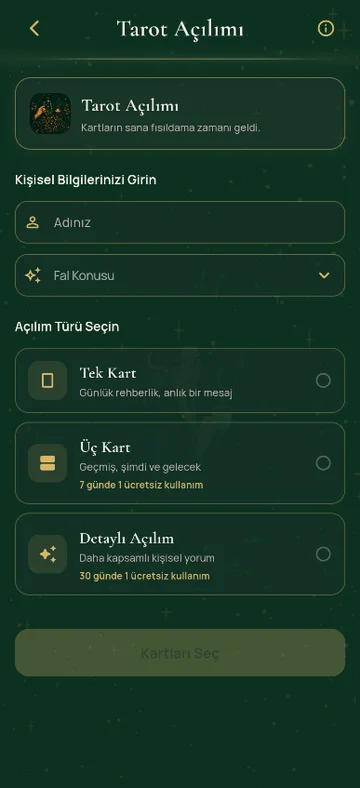 Falım Var uygulaması: Tarot açılımını seç.