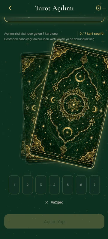 Tarot kartlarını seçme ekranı